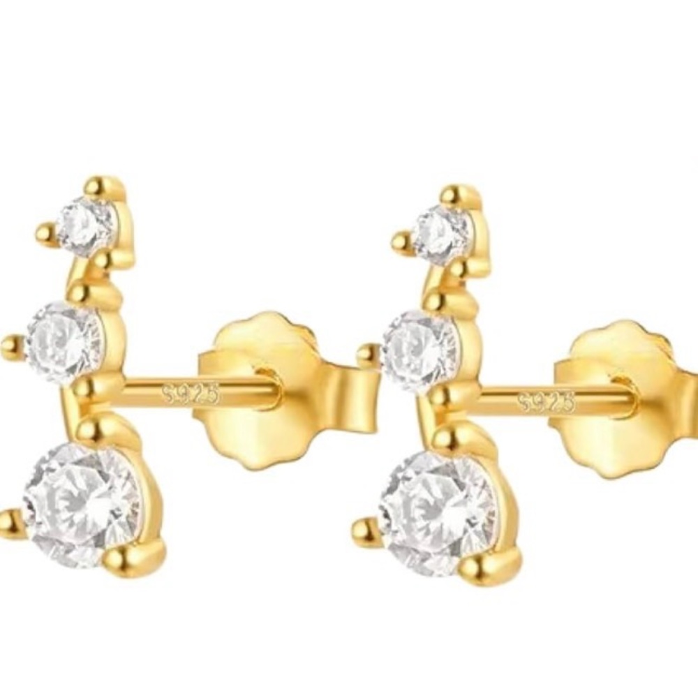 #9 Sterling Silver Gold Cubic Zirconia Triple-Stud Earrings